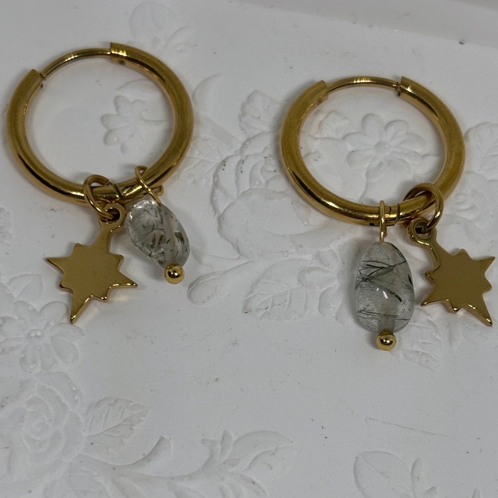 18k Gold P Genuine Green Moss Stone Earrings cottagecore boho artisan unique